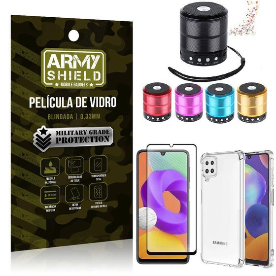 Imagem de Kit Galaxy M22 Mini Som Bluetooth + Capa Anti Impacto + Película Vidro 3D - Armyshield