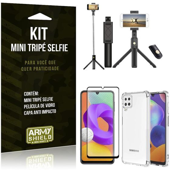 Imagem de Kit Galaxy M22 Mini Tripé Selfie Bluetooth para + Capa Anti Impacto + Película 3D -Armyshield