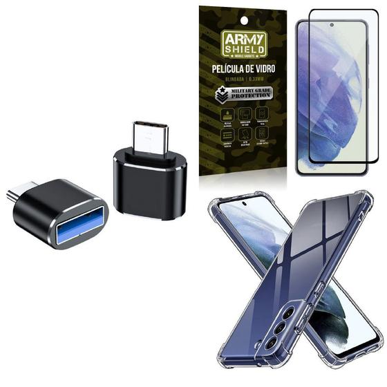 Kit Galaxy S21 FE Adaptador OTG Tipo C para USB + Capa Anti Impacto + Película 3D - Armyshield Menor preço em Kit Galaxy S21 FE Adaptador OTG Tipo C para USB + Capa Anti Impacto + Película 3D - Armyshield