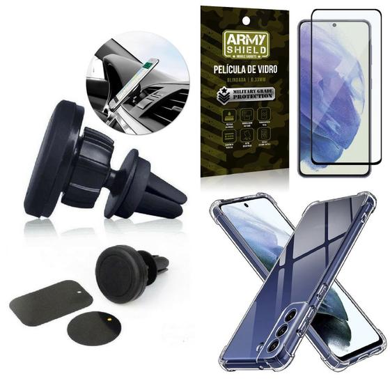 Imagem de Kit Galaxy S21 FE Suporte Veicular Magnético + Capa Anti Impacto + Película Vidro 3D -Armyshield