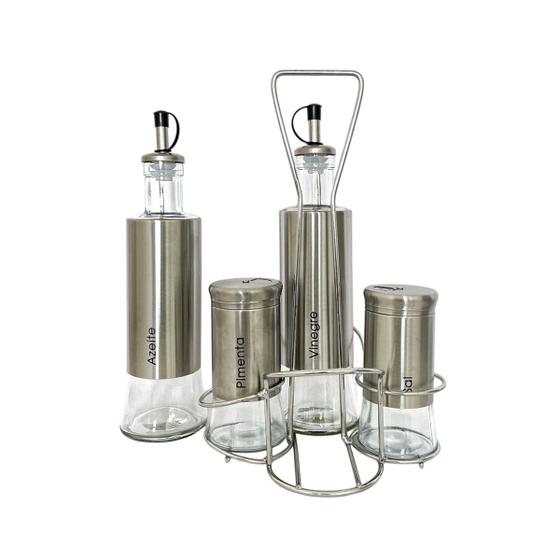 Imagem de Kit Galheteiro Dosador Para Temperar Alimentos Porta Azeite Vinagre Óleo 4 Peças Saleiro Pimenteiro