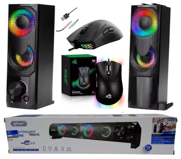 Imagem de Kit Gamer Caixa de Som Torre/Soundbar 12W RMS Led RGB e Mouse Ergonimico 7 Botões 7200 DPI Design Colmeia Led Rainbow