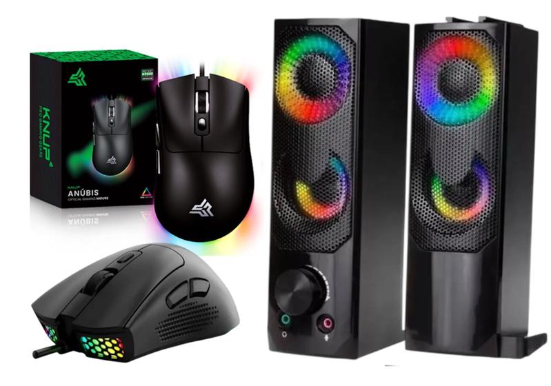 Imagem de Kit Gamer Caixa de Som Torre/Soundbar 12W RMS Led RGB e Mouse Ergonimico 7 Botões 7200 DPI Design Colmeia Led Rainbow
