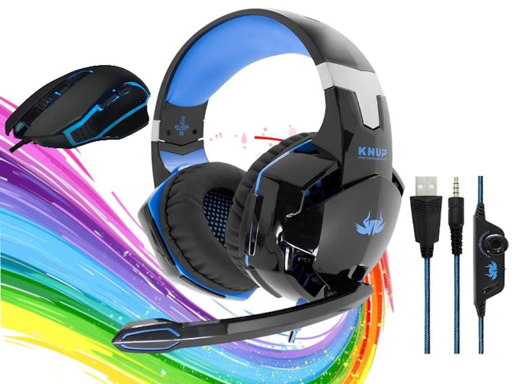 Imagem de Kit Gamer Headset fone de Ouvido c/Microfone Led  + Mouse Optico Ergonômico 6 Botões 1200 a 4800 Dpi Led RGB Estilo rainbow - Knup