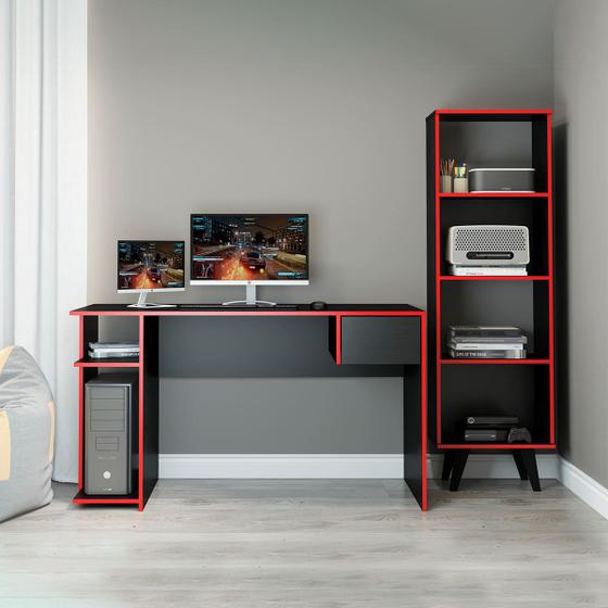 Kit Gamer Mesa para Computador Estante Prateleira Pés Retrô Madeira MDP Vermelho Preto - MENU Menor preço em Kit Gamer Mesa para Computador Estante Prateleira Pés Retrô Madeira MDP Vermelho Preto - MENU