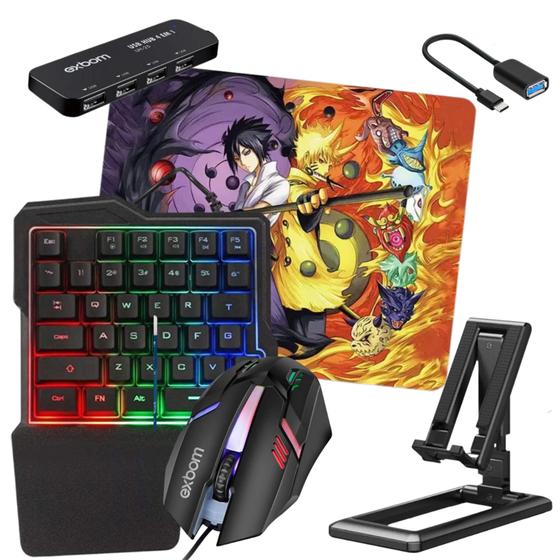 Imagem de Kit Gamer Mobilador Teclado 1 Mão Mouse 3 botões P/ Celular Free Fire