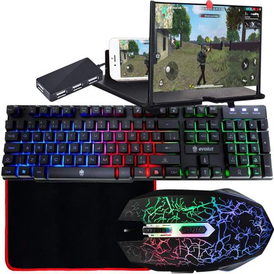 kit Gamer Para Celular Com Teclado RGB Semi Mecânico + Mouse + Tela Ampliadora EVOLUT Kit