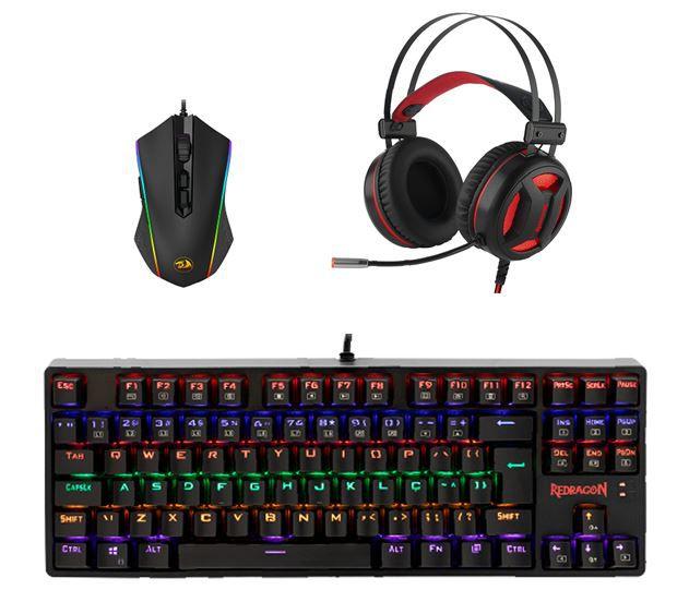 Imagem de KIT Gamer REDRADON - Teclado Mecânico Daksa Led Rainbow + Mouse Memeanlion RGB 10.000 DPI + Fone Headset 7.1
