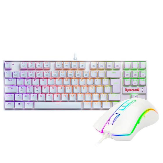 Imagem de Kit Gamer Redragon Teclado Mecânico Kumara, RGB, Switch Outemu Blue, PT, Branco + Mouse Cobra M711, Chroma, 10000DPI, Branco - S118W