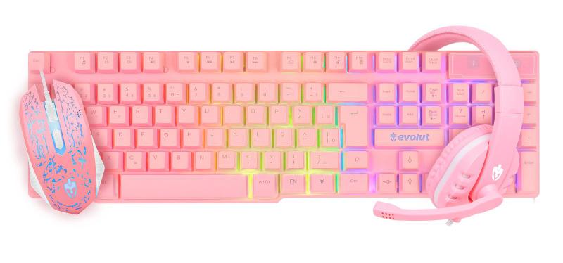 Imagem de Kit Gamer Rosa LED RGB Teclado Mouse Headset Evolut EG53