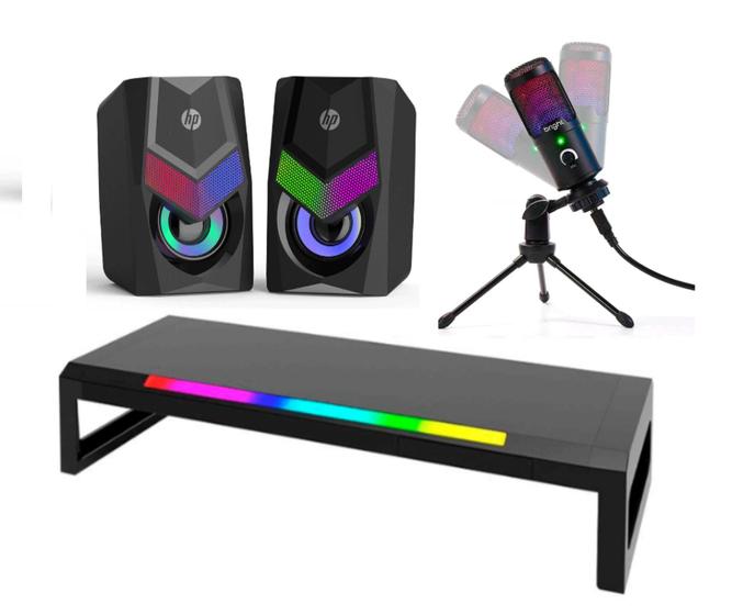 Imagem de Kit Gamer Suporte Iluminado para Monitor, Microfone Streamer de Mesa E Cxa Som Hp 6w