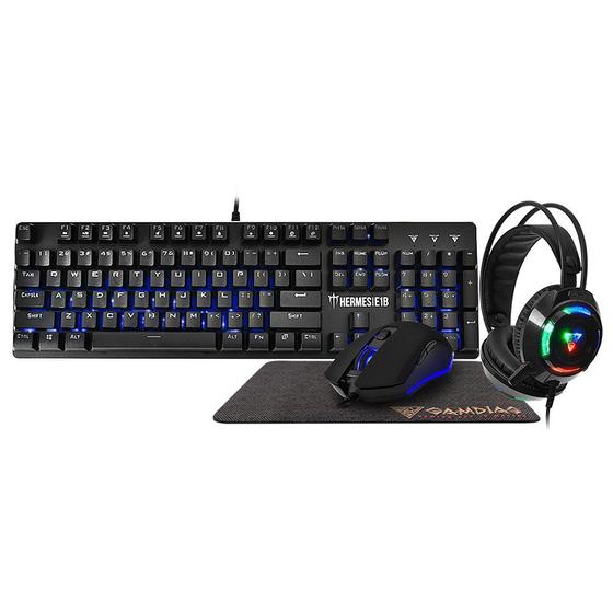 Imagem de Kit gamer teclado e mouse mousepad + headset gamdias hermes e1b switch blue us - preto