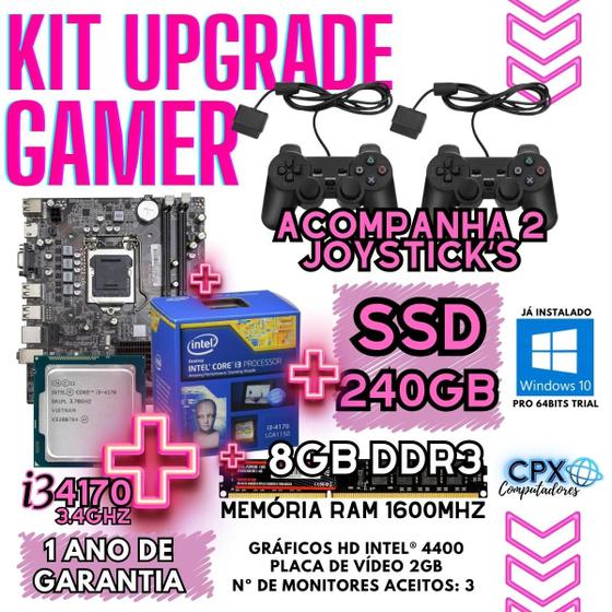 Imagem de Kit Gamer upgrade, Core i3 4170, 8GB, SSD 240GB, PVídeo 2GB, Windows 10 Pro Trial c/jogos.