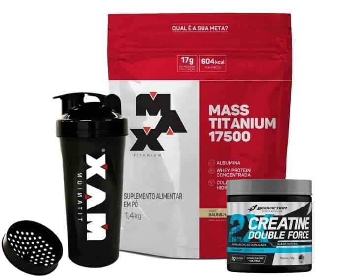 Imagem de Kit ganho de peso pesado: massa 1,4 kg max + creatina double 150 g body action + copo.