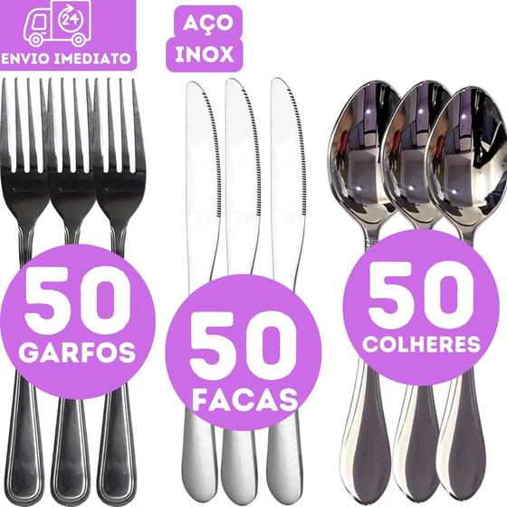 Imagem de kit Garfo Faca e Colher 150 Talheres Inox 50 Garfos 50 Facas 50 Colheres Cozinha Restaurante Lanchonete Churrascaria