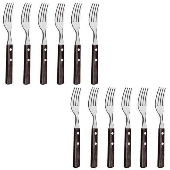 Imagem de Kit Garfos de Mesa Polywood Castanho 12 Peças em Aço Inox Churrasco Cozinha Tramontina