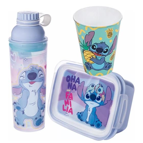 Imagem de Kit Garrafa 660ml Marmita 850ml e Copo 280ml Stitch Plasútil