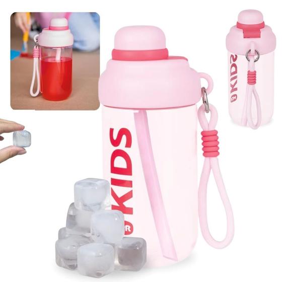 Imagem de Kit Garrafa 660ml Squeeze Rosa com Alca e Canudo + 10 Cubos Gelo Reutilizavel Artificial Mor