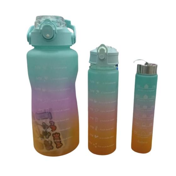 Imagem de Kit Garrafa de Água Squeeze Motivacional Com Adesivos 300ML+900ML+2000ML