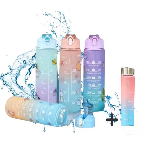 Imagem de Kit Garrafa Motivacional Fitness Antivazamento Squeeze Frases Hora Certa Agua TayDay 1 Litro + meio litro Treino