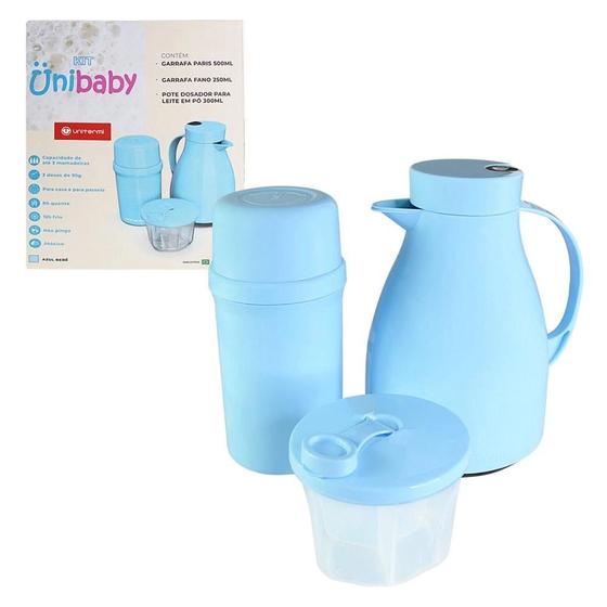 Imagem de Kit Garrafa Paris 500ml Garrafa Fano 250ml e Pote Dosador 300ml Unibaby Azul - Unitermi