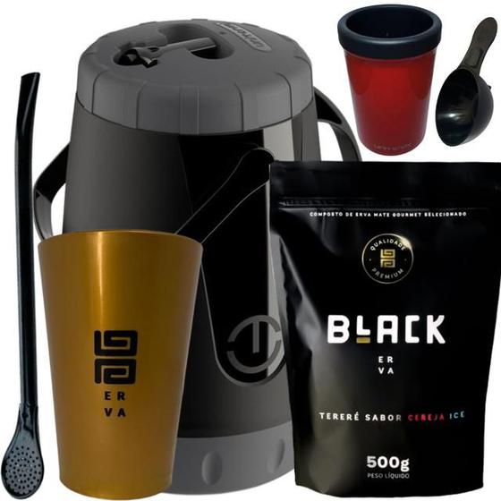 Imagem de Kit: Garrafa Pávia + Copo Caldereta Dourado + Bomba Preta + Erva + Porta Lata + Scoop