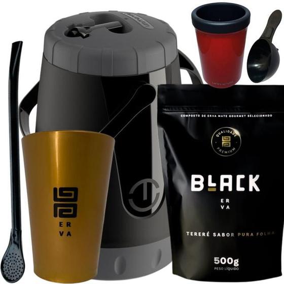 Imagem de Kit: Garrafa Pávia + Copo Caldereta Dourado + Bomba Preta + Erva + Porta Lata + Scoop