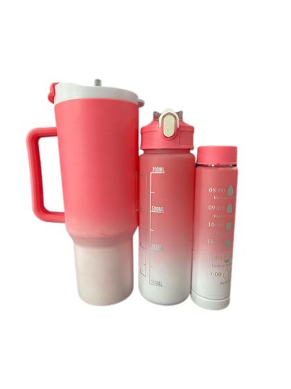 Imagem de Kit Garrafa PLÁSTICO  Motivacional 1L e 200mll + Garrafa 700ml + Garrafa 270ml Cor Rosa