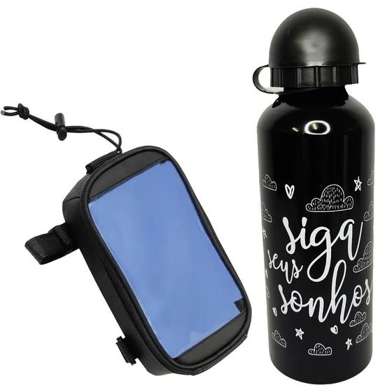 Imagem de Kit Garrafa Squeeze 500Ml Preta Sonhos + Porta Celular