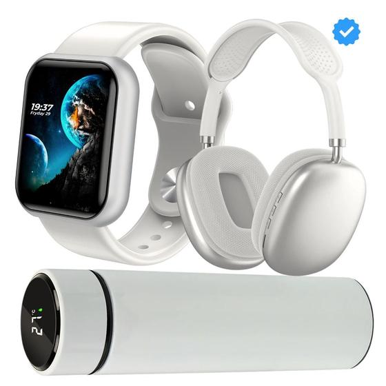 Kit Garrafa térmica 500ml inox sensor Led + Smartwatch Y8 + Fone Bluetooth - KIT ACADEMIA Imagem de Kit Garrafa térmica 500ml inox sensor Led + Smartwatch Y8 + Fone Bluetooth