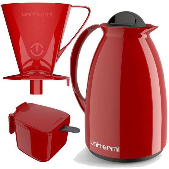 Imagem de Kit Garrafa Termica + Açucareiro com Colher + Suporte para Filtro Café Prático praticidade decoração moderno desig casa cozinha chá- Vermelha