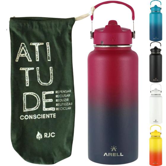 Imagem de KIT Garrafa Térmica Arell Straw Flask 946ml Inox com parede dupla e Saquinho RJC 100% algodão