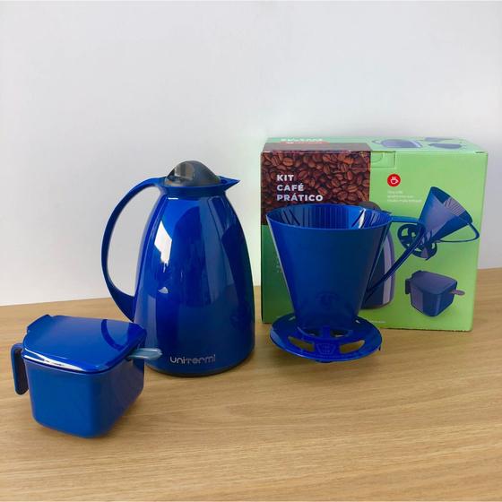 Imagem de Kit Garrafa Termica Café Prático com Açucareiro com Colher e Suporte para Filtro - Azul