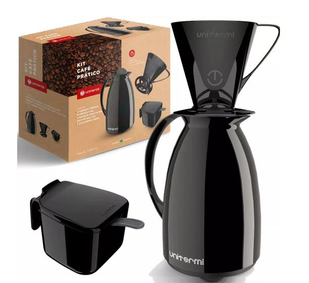 Imagem de Kit Garrafa Termica Café Prático com Açucareiro com Colher e Suporte para Filtro - Preto