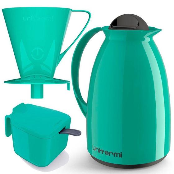 Imagem de Kit Garrafa Termica Café Prático com Açucareiro com Colher e Suporte para Filtro - Verde