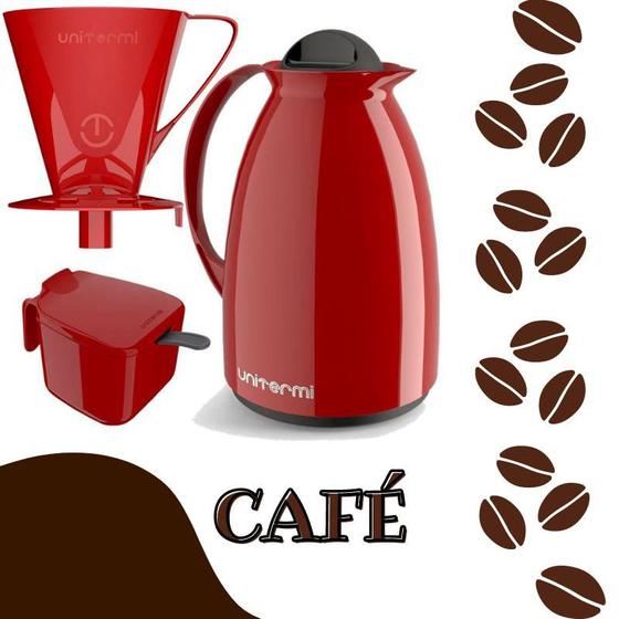 Imagem de Kit Garrafa Termica Café Prático com Açucareiro com Colher e Suporte para Filtro - Vermelha