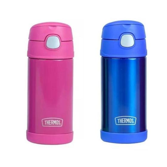 Imagem de Kit Garrafa Térmica Thermos Infantil Inox 355Ml Canudo Alça