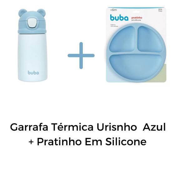 Imagem de Kit Garrafa Térmica Ursinho Azul Com Canudo + Pratinho Em Silicone - Buba