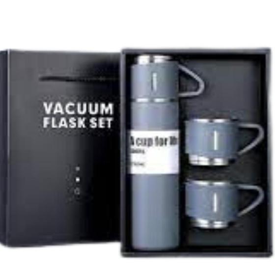 Kit Garrafa Térmica Vacuum Flask Set Inox 500ml + 3 Xícaras Vaccum