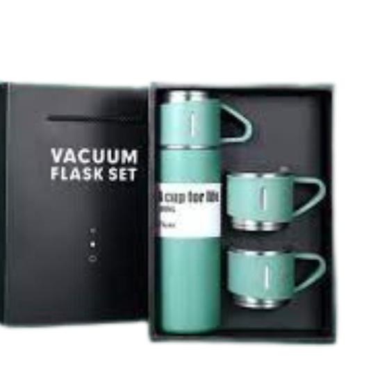 Kit Garrafa Térmica Vacuum Flask Set Inox 500ml + 3 Xícaras Vaccum