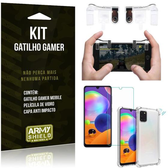 Imagem de Kit Gatilho Gamer Galaxy A31 Gatilho + Capa Anti Impacto + Película Vidro - Armyshield