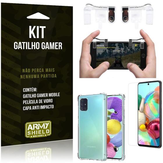 Imagem de Kit Gatilho Gamer Galaxy A51 Gatilho + Capa Anti Impacto + Película Vidro - Armyshield