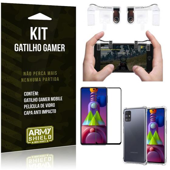 Imagem de Kit Gatilho Gamer Galaxy M51 Gatilho + Capa Anti Impacto + Película Vidro 3D - Armyshield