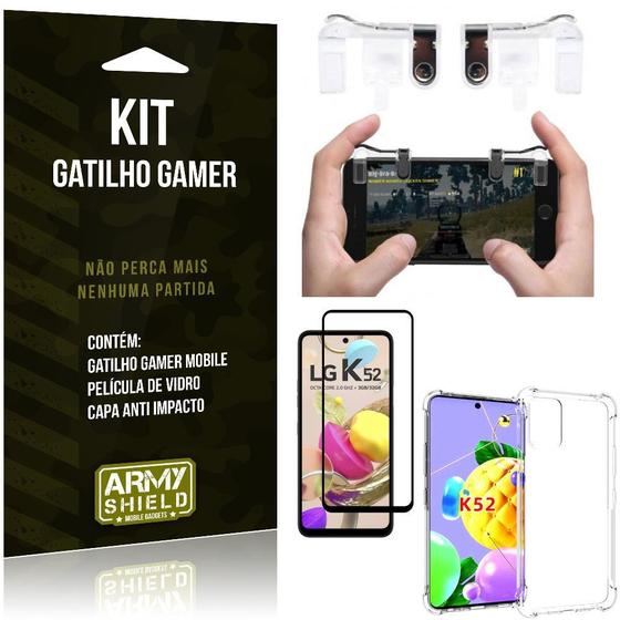 Imagem de Kit Gatilho Gamer LG K52 Gatilho + Capa Anti Impacto + Película Vidro 3D - Armyshield