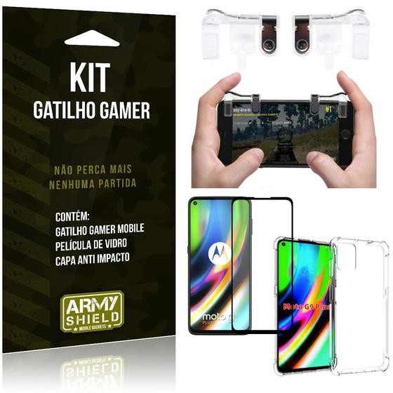 Imagem de Kit Gatilho Gamer Moto G9 Plus Gatilho + Capa Anti Impacto + Película Vidro 3D - Armyshield