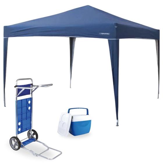 Imagem de Kit Gazebo Tenda Articulada Trixx 3x3 M + Caixa Termica 12 Litros + Carrinho de Praia com Avanco