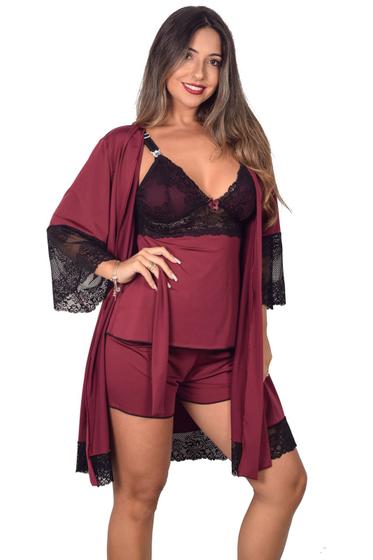 Imagem de Kit Gentante Robe Feminino + Babydoll Pijama Baby Doll Amamentação