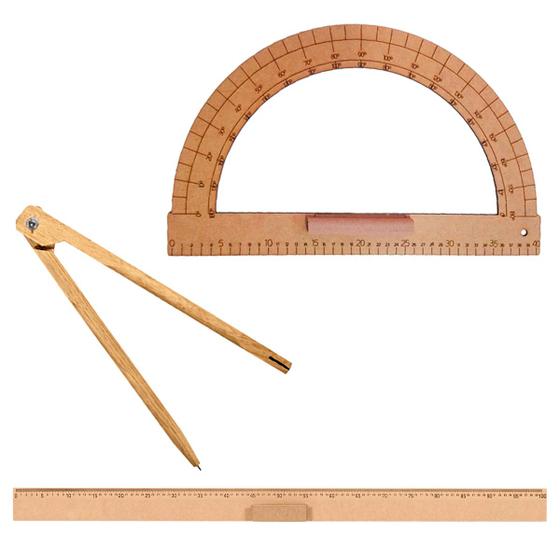 Imagem de Kit Geométrico do Professor Mdf Com Régua 1 Metro Com Pegador + 1 Compasso Para Giz 40 cm e 1 Transferidor 180 Graus