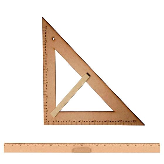 Imagem de Kit Geométrico do Professor Mdf Com Régua 1 Metro e Esquadro Em MDF 45 Graus
