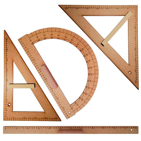 Imagem de Kit Geométrico do Professor Mdf Com Régua 60 cm 1 Esquadro 30/60 Graus 1 Esquadro 45 Graus e 1 Transferidor 180 Graus